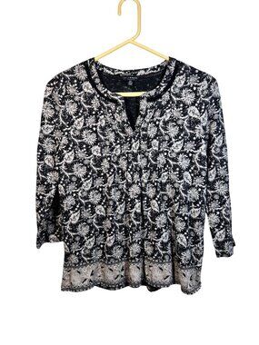 Lucky Brand Womens Black & White Floral Print 3/4 Sleeve Blouse Sm Cotton Blend